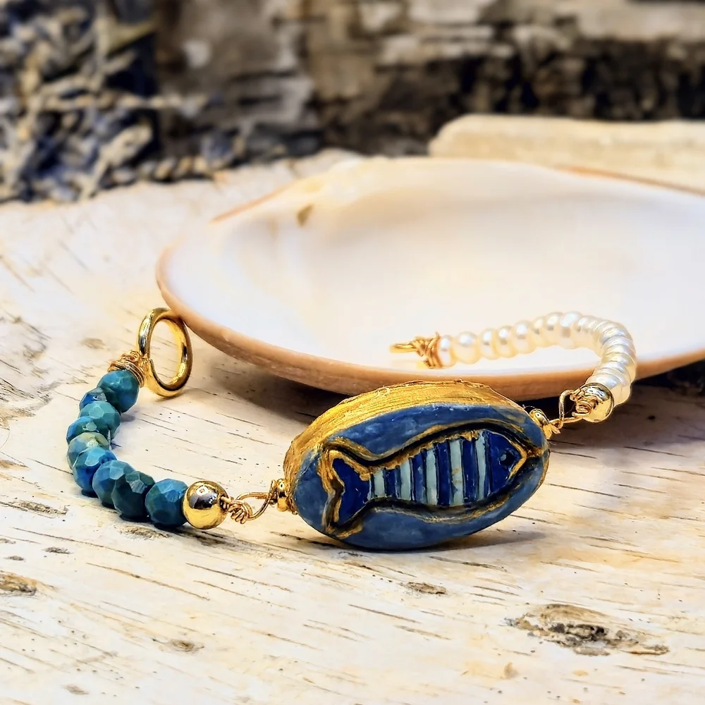 Santorini Inspired Handpainted Blue Fish, Azurite & Pearld In Artisan Bracelet